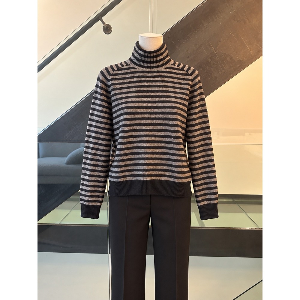 Vince 100% Cashmere Striped Turtleneck Sweater Black Grey XS